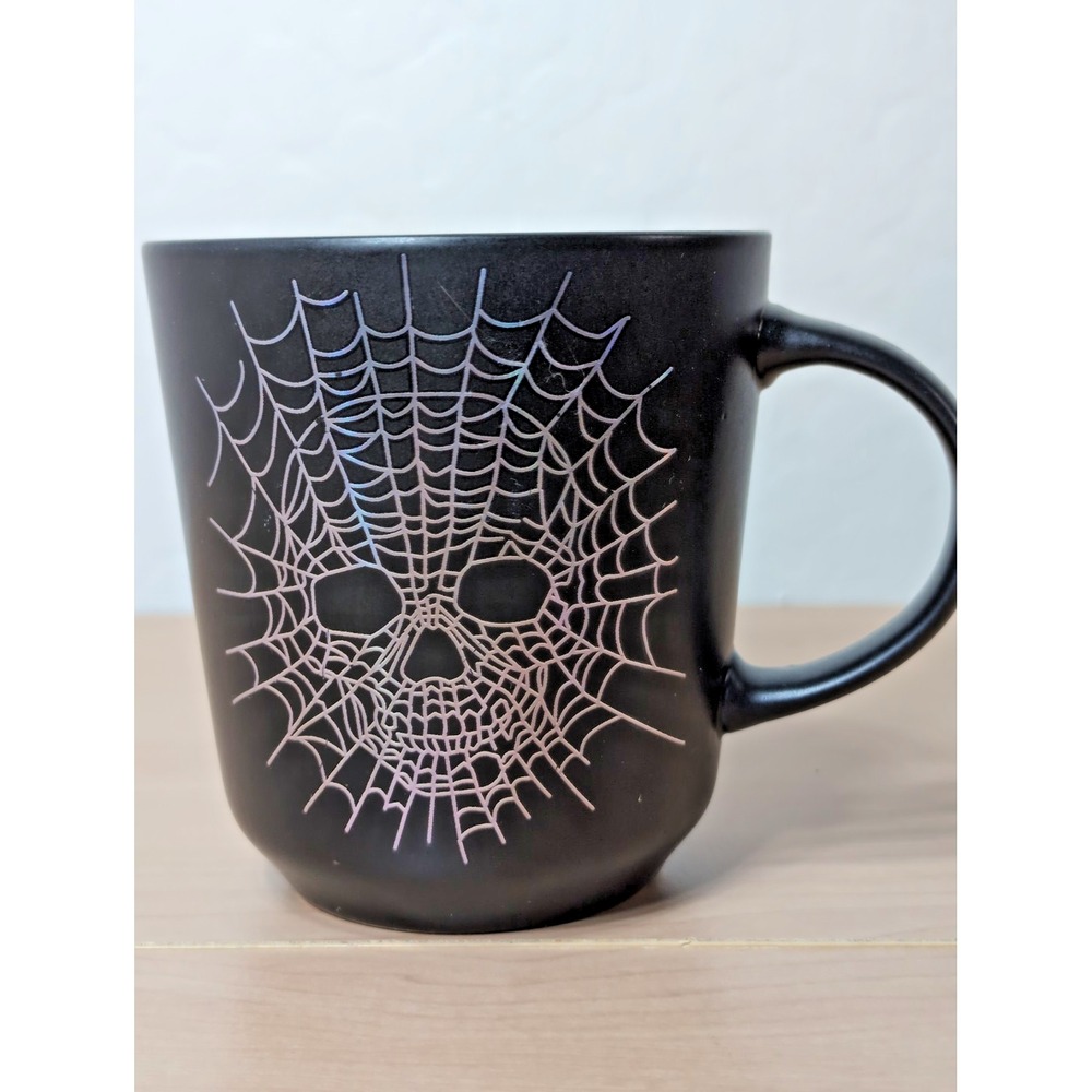 Silver Skull & Spiderweb On Black Mug Cup Prima Design Purple & Pink Inside